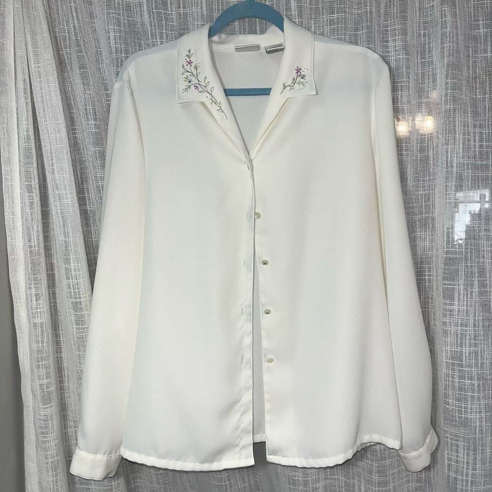 VTG Koret White Long Sleeve Button Up Blouse Floral Embroidered Collar Size 16